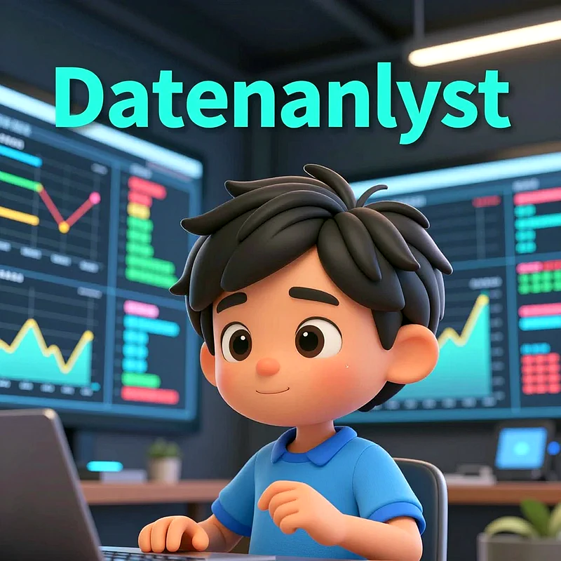 Ein lächelnder, kleiner Cartoon-Junge mit schwarzen Haaren und blauem Shirt sitzt an einem Laptop. Hinter ihm sind Bildschirme mit bunten Datenvisualisierungen zu sehen. Über dem Kopf steht in Türkis der Begriff 'Datenanalyst'.