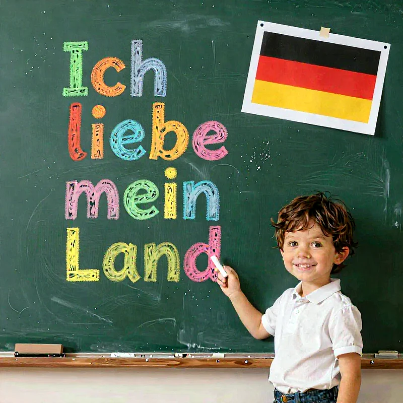 Ein lächelnder kleiner Junge mit lockigem Haar schreibt den Satz "Ich liebe mein Land" in bunten Kreidefarben auf eine grüne Schultafel. Eine deutsche Flagge hängt oben rechts an der Tafel.