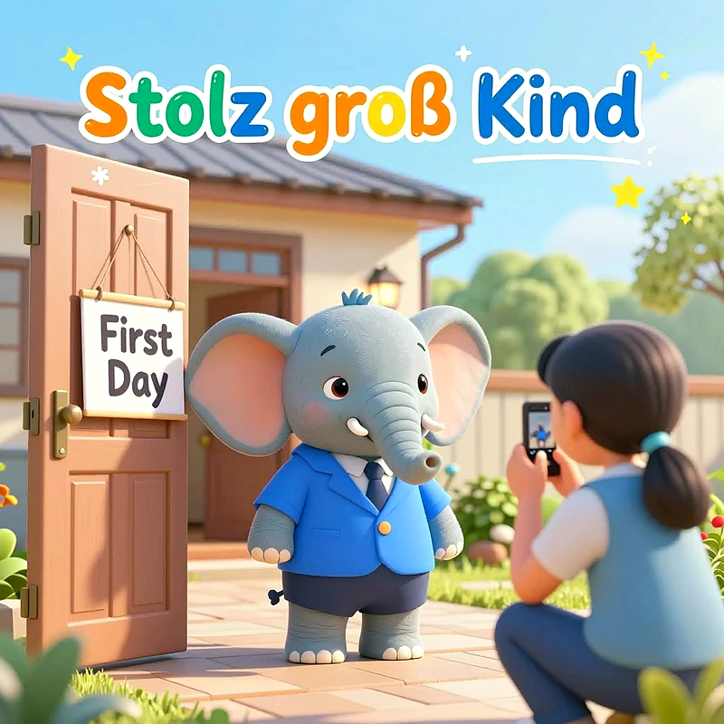 Ein süßer Elefant in Anzug posiert vor einer Haustür mit einem 'First Day'-Schild. Eine Person fotografiert den Elefanten bei strahlendem Sonnenschein.