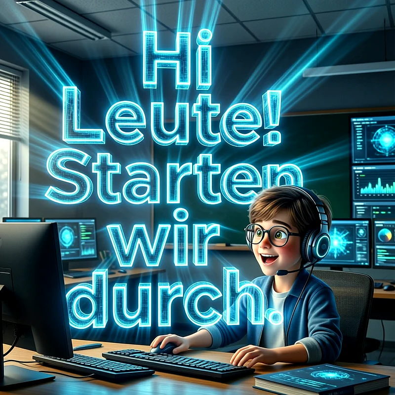 Ein fröhlicher Junge mit Brille und Headset sitzt begeistert vor einem Computer in einem modernen Klassenzimmer, umgeben von leuchtenden Bildschirmen. Der neonblaue Text 'Hi Leute! Starten wir durch.' strahlt hell.