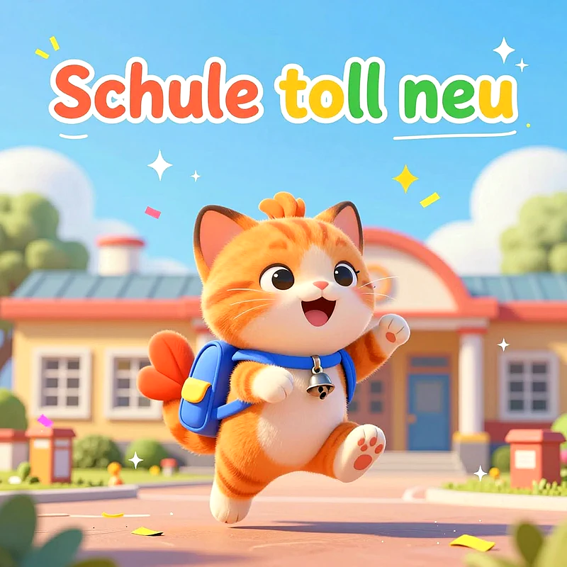 Ein entzückendes orange-weißes Cartoon-Kätzchen mit blauem Schulranzen und Glocke rennt fröhlich auf eine bunte Schule zu. Funkelnde Sterne und Konfetti schweben unter einem klaren blauen Himmel.