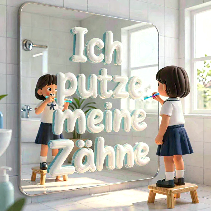 Eine cartoonartige Schülerin mit dunklen Haaren putzt auf einem Hocker stehend im Badezimmer ihre Zähne vor einem Spiegel. Im Spiegel steht in 3D-Buchstaben "Ich putze meine Zähne". Heller, sauberer Raum.