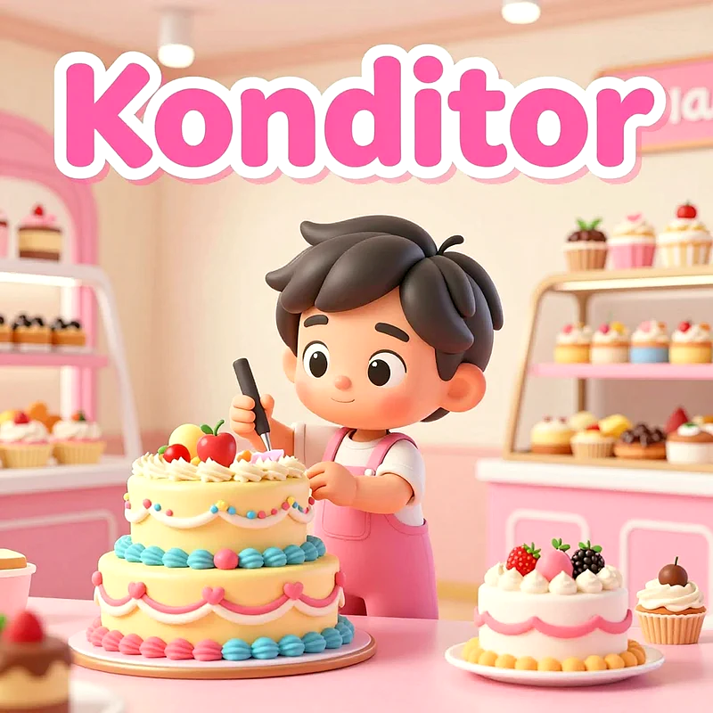 Ein niedlicher Cartoon-Junge mit pinker Schürze verziert konzentriert eine zweistöckige Torte in einer hellen Konditorei. Im Hintergrund sind weitere Kuchen und bunte Cupcakes in den Regalen zu sehen. Der Junge hält eine Spritztülle.
