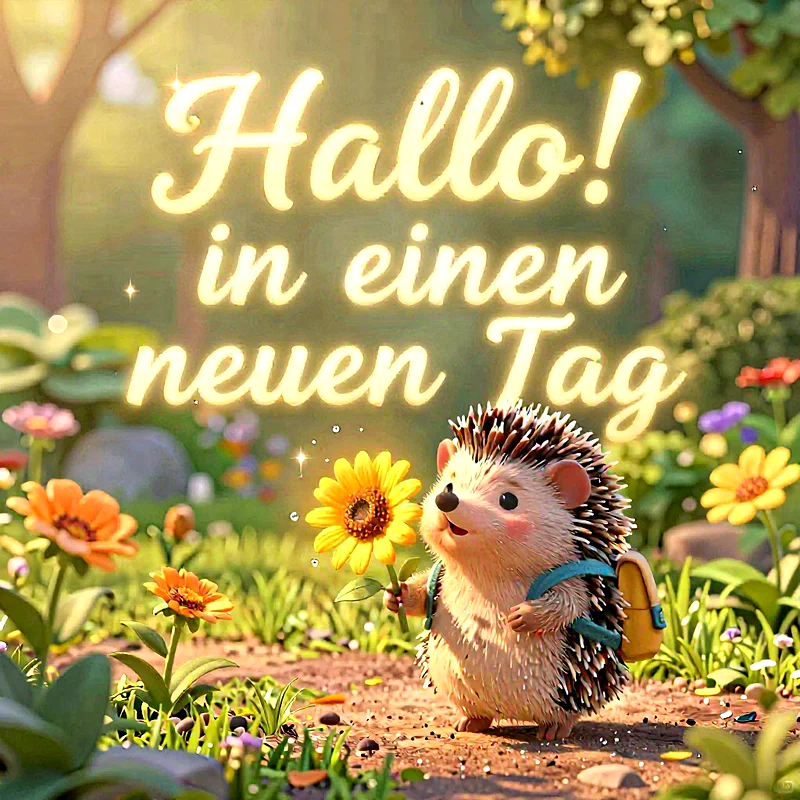 Ein süßer Cartoon-Igel mit kleinem gelbem Rucksack hält eine leuchtend gelbe Sonnenblume auf einem sonnigen Waldweg. Bunte Blumen schmücken den Vordergrund. Leuchtender Text: 'Hallo! in einen neuen Tag'.