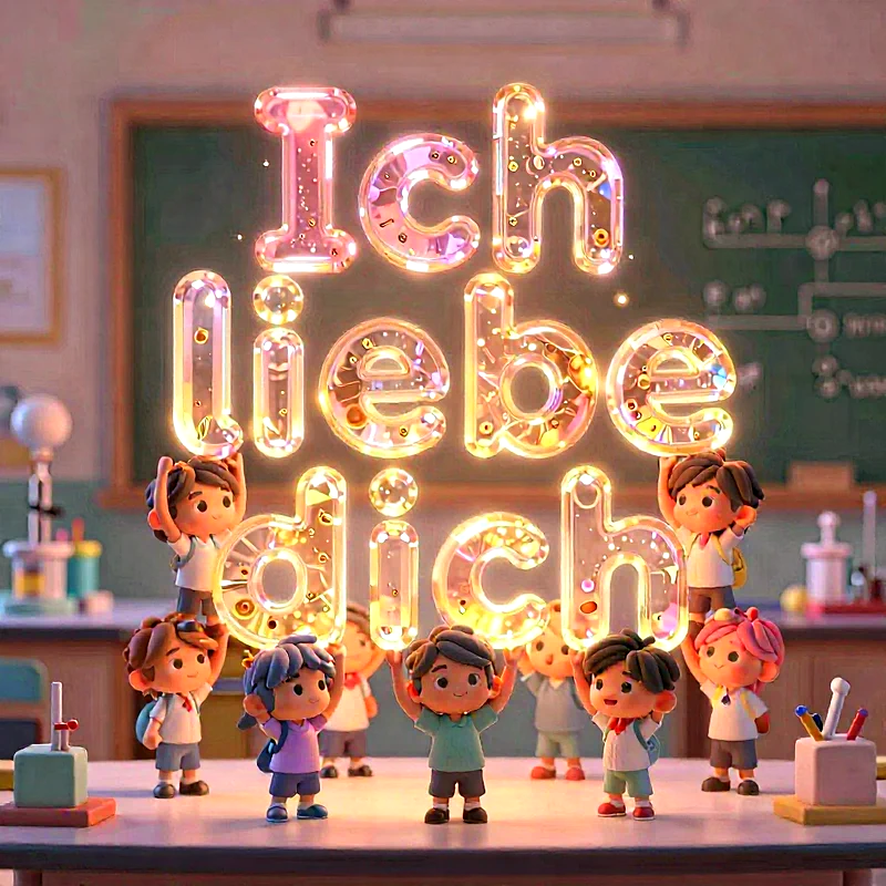 Eine Gruppe fröhlicher, animierter Kinder in einem hellen Klassenzimmer hält leuchtende, gläsern wirkende Buchstaben hoch. Diese formen die Botschaft „Ich liebe dich“. Im Hintergrund sind eine grüne Tafel und liebevoll gestaltete Schultische zu sehen.