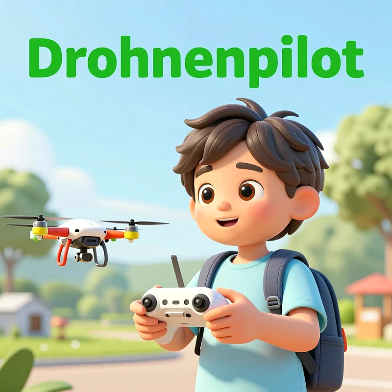 Ein süßer, animierter Junge mit blauem T-Shirt und Schulranzen lächelt. Er hält eine Drohnenfernsteuerung, während eine kleine weiße Drohne neben ihm schwebt. Der Hintergrund zeigt einen sonnigen Tag im Freien mit Bäumen und Häusern.