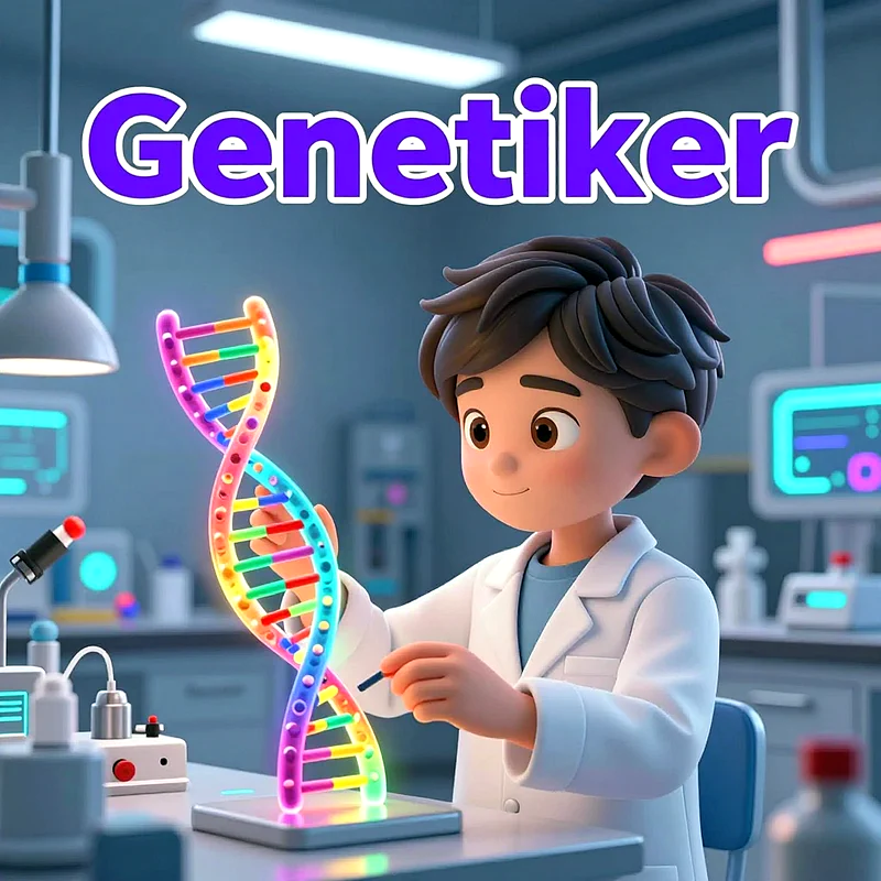 Ein kleiner Cartoon-Junge im weißen Laborkittel sitzt an einem Pult und betrachtet fasziniert ein leuchtendes, farbenfrohes DNA-Modell in einem futuristischen Labor. Er hält ein feines Werkzeug in der Hand.