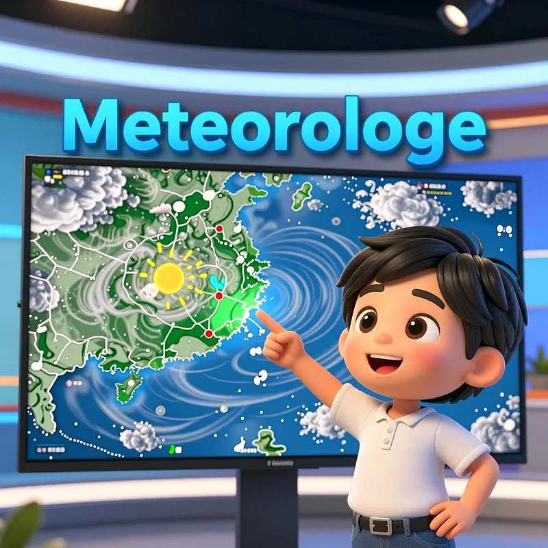 Ein lächelnder Cartoon-Junge im weißen Polo-Shirt steht vor einem großen Bildschirm. Das Display zeigt eine detaillierte Wetterkarte mit Sonne, Wolken und Wirbeln. Darüber steht das Wort "Meteorologe" in hellblau. Der Junge zeigt begeistert auf die Karte.