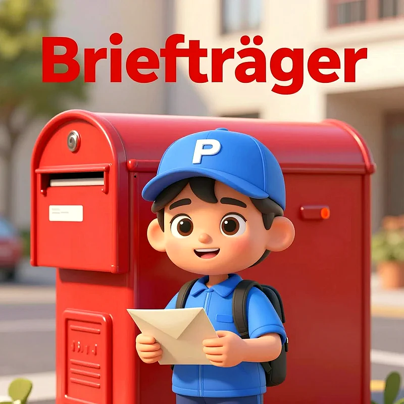 Ein freundlicher, lächelnder Cartoon-Junge als Briefträger in blauer Uniform und Mütze mit 'P'-Emblem. Er hält einen Brief vor einem großen roten Postkasten. Im Hintergrund sind undeutlich Gebäude zu erkennen.