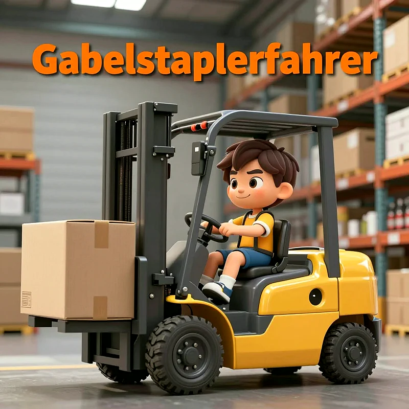 Ein stilisiertes Bild zeigt einen lächelnden Jungen im Cartoon-Stil, der einen leuchtend gelben Gabelstapler in einer Lagerhalle bedient. Er transportiert einen braunen Karton. Regale mit Paketen füllen den Hintergrund.