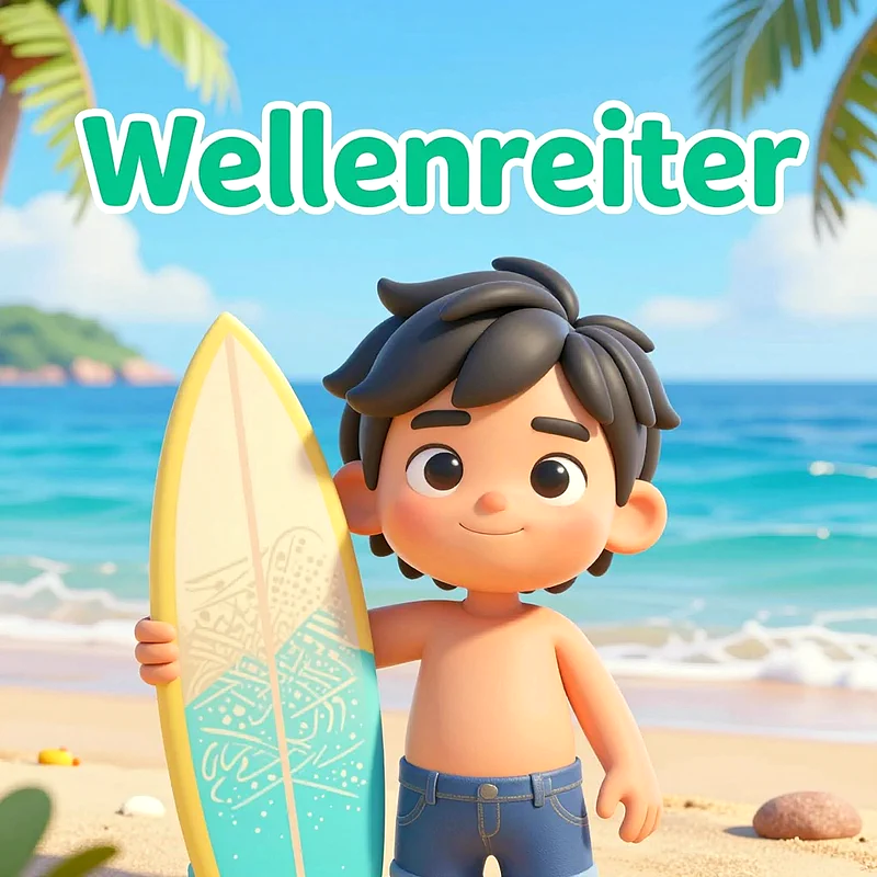 Ein niedlicher, lächelnder Cartoon-Junge mit dunklen Haaren und blauen Jeansshorts steht am sonnigen Strand. Er hält ein gelb-türkises Surfbrett. Palmen und das blaue Meer bilden den Hintergrund.