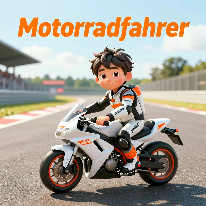 Ein fröhlicher Cartoon-Junge in Rennkleidung fährt auf einem weißen Sportmotorrad über eine Rennstrecke, bereit für den Start in ein neues Abenteuer.