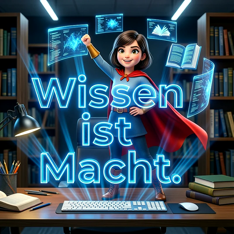 Lachende Cartoon-Superheldin mit rotem Umhang steht vor einem Schreibtisch. Leuchtende blaue Schrift "Wissen ist Macht" umgibt sie. Schwebende Bildschirme und Bücherregale füllen den Hintergrund. Auf dem Tisch liegen Tastatur, Maus und Stifte.