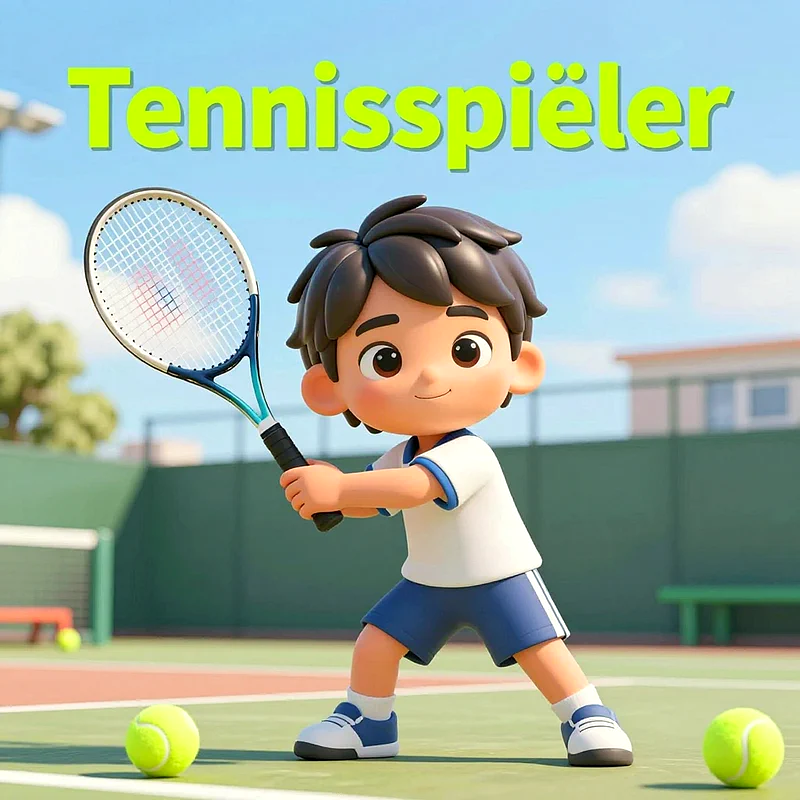 Ein fröhliches Zeichentrickkind mit braunen Haaren und einem Tennisoutfit schwingt auf einem grünen Tennisplatz einen Schläger. Zwei gelbe Tennisbälle liegen daneben. Der blaue Himmel ist klar.
