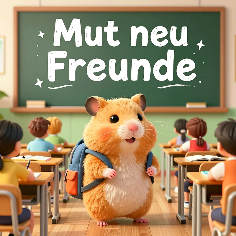 Ein flauschiger, orangefarbener Hamster mit blauem Schulranzen steht lächelnd in einem hellen Klassenzimmer. Im Hintergrund sitzen Schulkinder an ihren Tischen. Eine grüne Tafel zeigt den Schriftzug "Mut neue Freunde".
