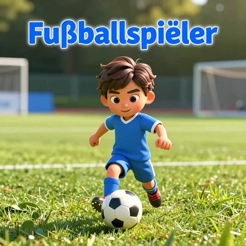 Ein stilisiertes 3D-Cartoon-Kind in blauer Sportkleidung kickt einen Fußball auf einem grünen Rasenplatz. Im Hintergrund sind undeutlich Fußballtore zu erkennen. Der Junge hat braune Haare und ein freundliches Lächeln.