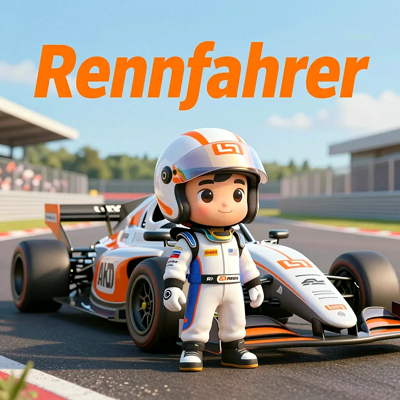 Ein niedlicher Cartoon-Junge in weißem Rennfahreranzug und Helm steht lächelnd neben einem modernen, orange-weißen Formel-Rennwagen auf einer Rennstrecke. Im Hintergrund sind Zuschauertribünen unter blauem Himmel zu sehen.