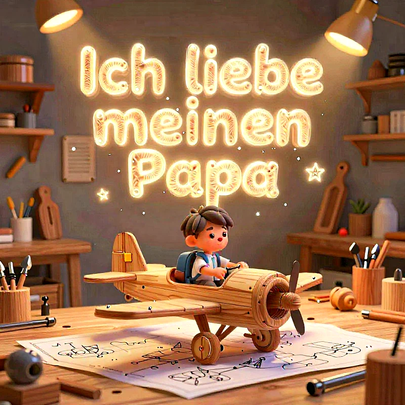 Ein stilisiertes 3D-Bild zeigt eine Cartoonfigur eines Kindes mit Rucksack in einem selbstgebauten Holzflugzeug auf einem Schreibtisch. Der Schreibtisch ist mit Bauplänen und Bastelmaterialien gefüllt. Im Hintergrund leuchtet der neonähnliche Spruch „Ich liebe meinen Papa“, beleuchtet von zwei Schreibtischlampen.