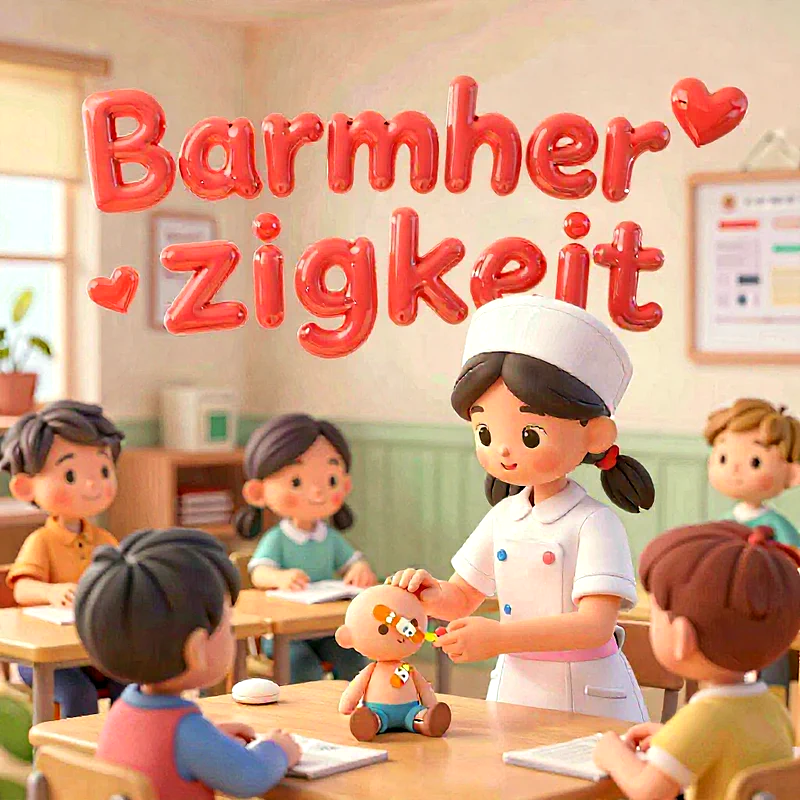 Animation einer kinderkrankenpflegerin, die einem gespielten Teddybären im Klassenzimmer behandelt, während Schüler aufmerksam zuschauen und rote Luftballonbuchstaben das Wort Barmherzigkeit bilden.