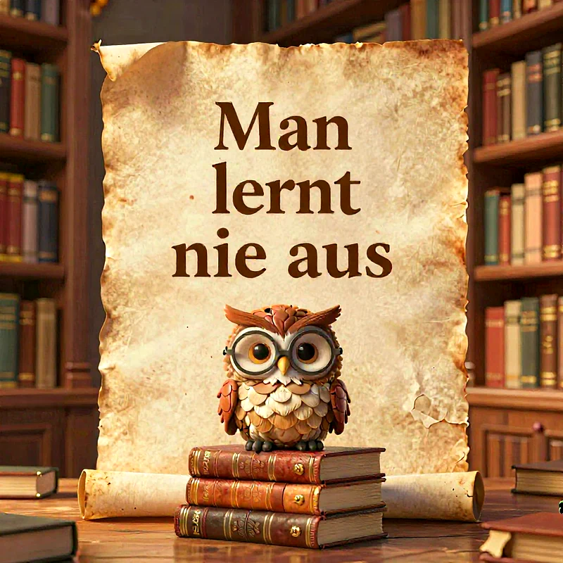 Ein charmantes Eulen-Maskottchen mit Brille sitzt auf einem Stapel alter Bücher, vor einem antiken Pergament mit dem Spruch 'Man lernt nie aus'. Im Hintergrund sind volle Bücherregale zu sehen. Die Szene vermittelt eine gemütliche Lernatmosphäre.