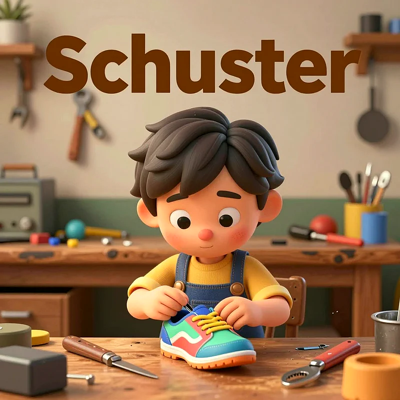 Ein Cartoon-Kind mit dunklen Haaren und gelbem Shirt, das konzentriert die Schnürsenkel eines bunten Turnschuhs bindet. Der Junge sitzt an einem Holztisch voller Werkzeuge in einer Werkstatt-Umgebung.