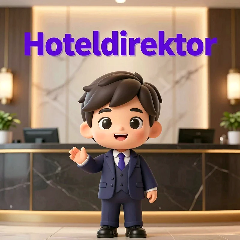 Eine niedliche 3D-Cartoon-Figur eines lächelnden Jungen in einem dunkelblauen Anzug und violetter Krawatte winkt freundlich. Er steht vor einer modernen Hotelrezeption. Über ihm schwebt der lila Schriftzug 'Hoteldirektor'.