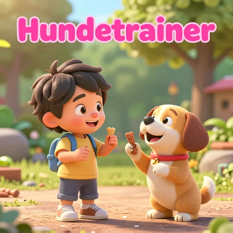 Ein lächelnder Cartoon-Junge mit blauem Rucksack und gelbem Shirt füttert einen fröhlichen, braun-weißen Welpen mit Leckerlis. Der Hund hält auch einen Snack. Sie stehen in einem grünen Park unter dem Wort 'Hundetrainer'.