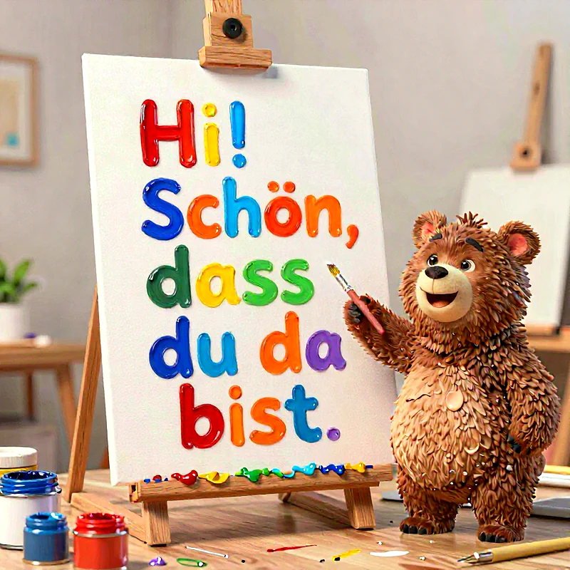 Ein flauschiger brauner Teddybär vor einer Staffelei. Auf der Leinwand steht in bunten 3D-Buchstaben: 'Hi! Schön, dass du da bist.' Farbtöpfchen und Pinsel liegen umher.