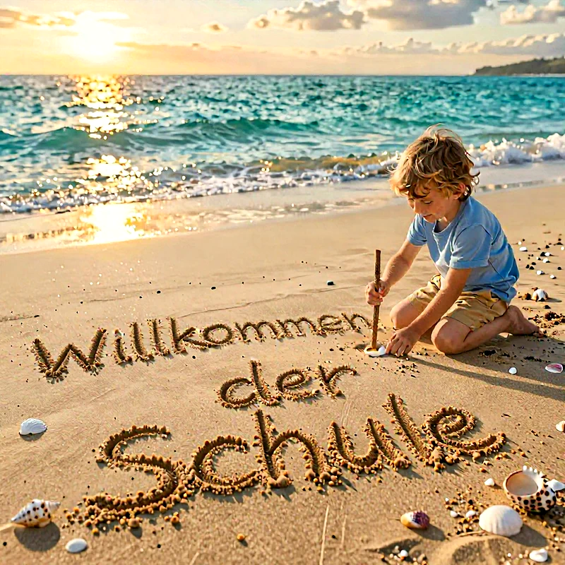 Ein kleiner Junge mit blonden Haaren und blauer Kleidung kniet am Sandstrand und schreibt mit einem Stock 'Willkommen der Schule' in den Sand. Im Hintergrund strahlt die untergehende Sonne über dem Meer mit sanften Wellen und Muscheln.