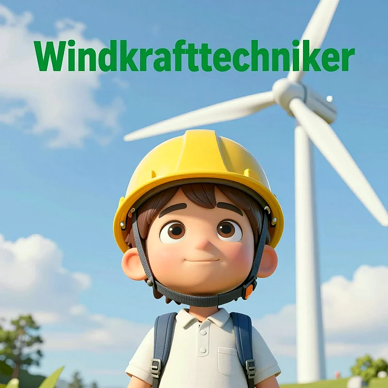 Ein 3D-animiertes Kind mit gelbem Bauhelm und blauem Rucksack blickt lächelnd nach oben. Im sonnigen Hintergrund steht ein großes Windrad unter blauem Himmel mit vereinzelten weißen Wolken. Der Boden ist mit grünem Gras bedeckt, was eine freundliche Atmosphäre schafft.