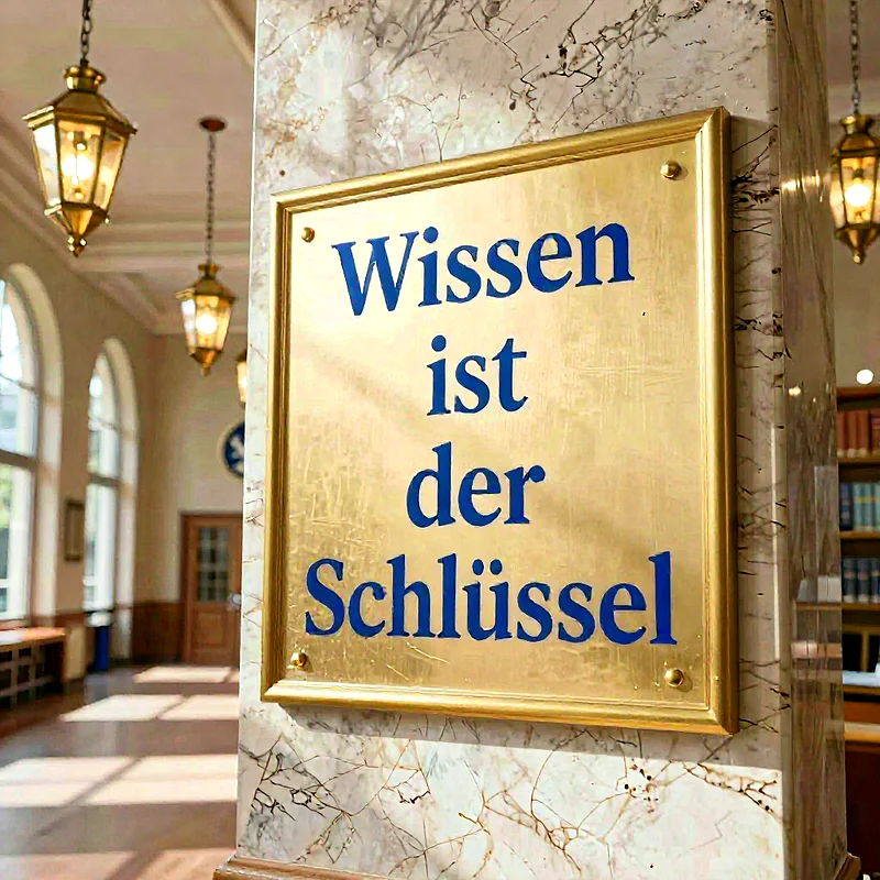 Goldene Tafel mit blauen Buchstaben die auf weißem Marmor angebracht ist, während vergoldete Pendelleuchten über einem sonnendurchfluteten Flur mit hohen Fenstern und Buchregalen hängen.