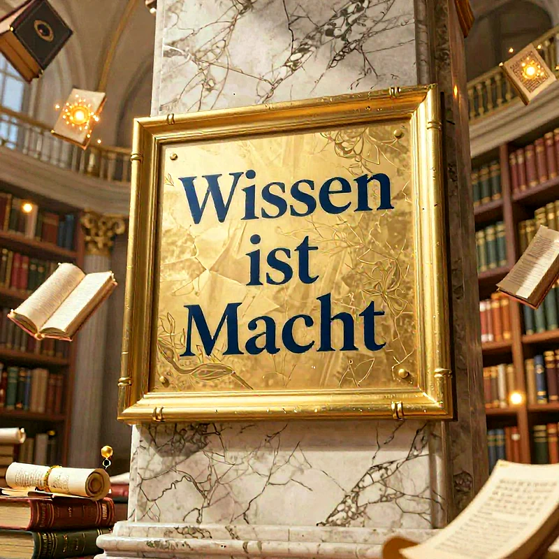Eine goldene Plakette mit der Aufschrift 'Wissen ist Macht' in einer prächtigen Bibliothek. Bücher schweben um einen marmorierten Pfeiler herum, umgeben von vollen Bücherregalen und alten Schriftrollen.