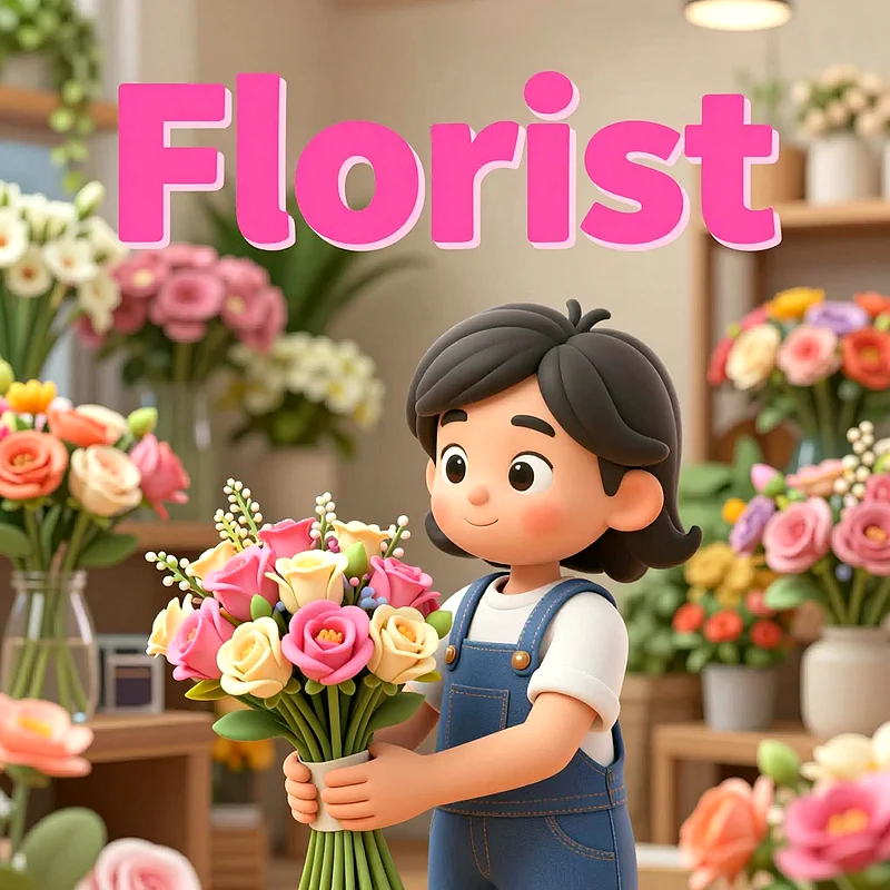 Ein Cartoon-Kind mit dunklem Haar und blauer Latzhose hält lächelnd einen bunten Strauß Rosen. Im Hintergrund eines Blumenladens sind weitere Blumen zu sehen. Das Wort 'Florist' steht groß in Pink darüber.