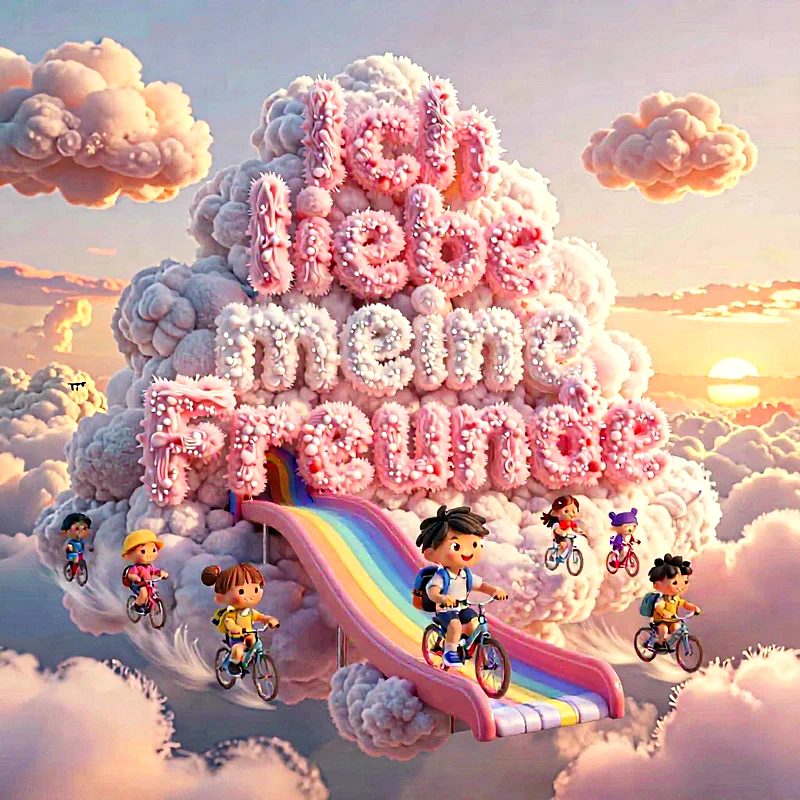 Fröhliche Kinder fahren auf Fahrrädern um eine riesige Wolkenformation, die 'Ich liebe meine Freunde' formt. Eine bunte Rutsche führt in die fluffige Wolkenwelt. Stimmungsvoller Sonnenuntergangshimmel.