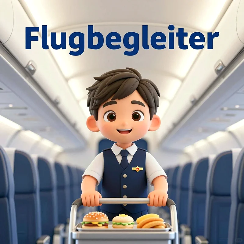 Ein junger Cartoon-Junge in Pilotenuniform schiebt einen Servierwagen mit Snacks durch den Gang eines Flugzeugs. Er lächelt fröhlich an die Kamera. Blauer Text Flugbegleiter liegt über ihm. Motiv für Schulstart und Berufswahl.