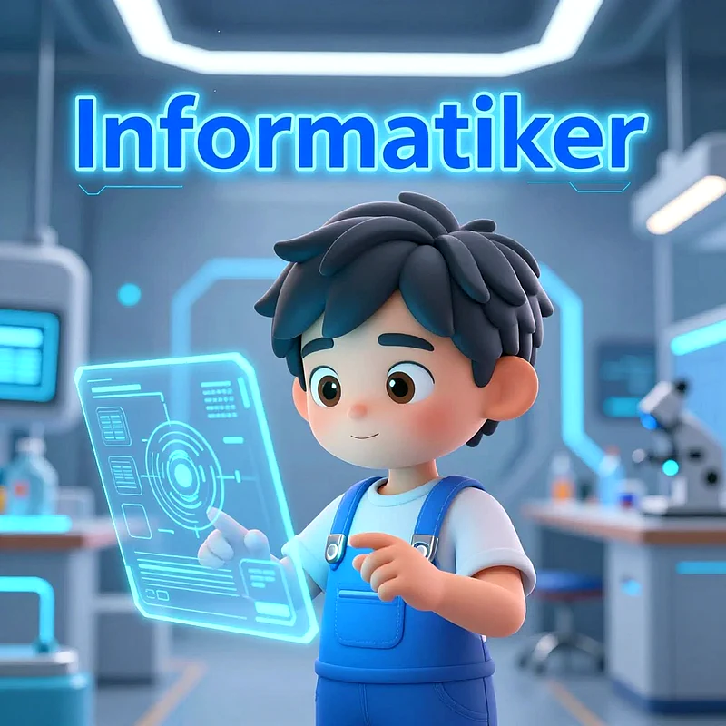 Ein lächelnder Cartoon-Junge in blauen Overalls interagiert mit einem leuchtenden holografischen Tablet in einem futuristischen Labor. Über ihm schwebt das Wort 'Informatiker' in leuchtenden Lettern.