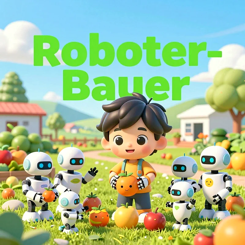 Ein lachender Cartoon-Junge hält lächelnde Kürbisfrucht, umringt von sechs freundlichen, weißen Robotern auf grüner Wiese. Bunte Früchte, Bäume und Häuser bilden eine idyllische Bauernhofkulisse. Der Text 'Roboter-Bauer' schwebt oben.