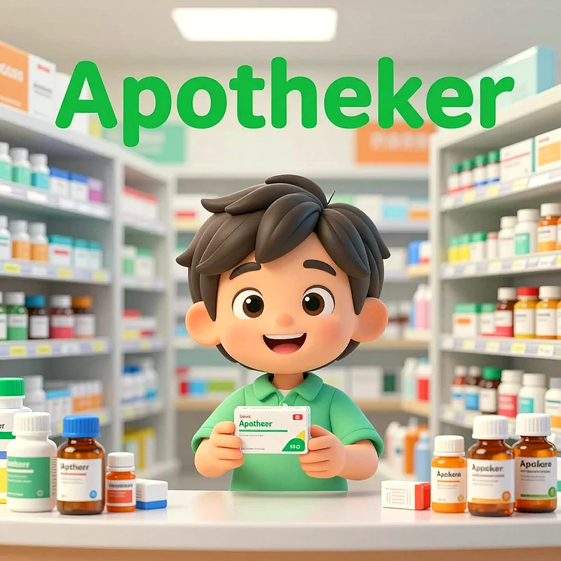 Ein fröhlicher Cartoon-Junge im grünen Hemd steht in einer Apotheke, hält eine Medikamentenschachtel. Im Hintergrund reihen sich gefüllte Medikamentenregale. Darüber schwebt das Wort 'Apotheker'.