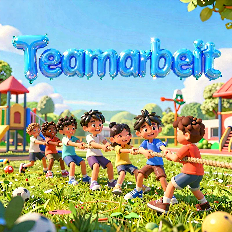 Ein farbenfrohes 3D-Cartoon-Bild zeigt mehrere Kinder beim Tauziehen auf einem sonnigen Spielplatz. Blaue Ballonbuchstaben bilden das Wort 'Teamarbeit' am strahlenden Himmel. Grüne Wiesen und Spielgeräte im Hintergrund.