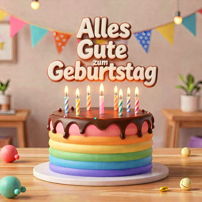 Eine festliche Geburtstagstorte mit Regenbogen-Schichten und glänzender Schokoladenglasur steht auf einem Holztisch. Leuchtende Kerzen in bunten Streifen und die Aufschrift "Alles Gute zum Geburtstag" schweben darüber. Eine fröhliche Girlande schmückt den Hintergrund dieser heiteren Szene.