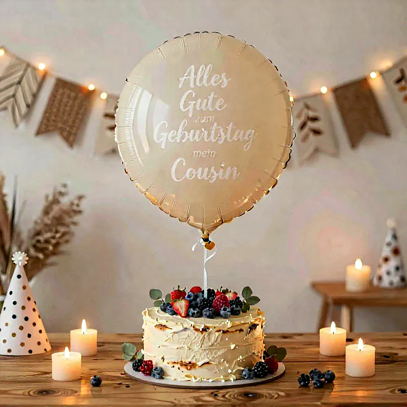 Alles Gute zum Geburtstag, Cousin! Mit Torte und Ballon wird's perfekt!