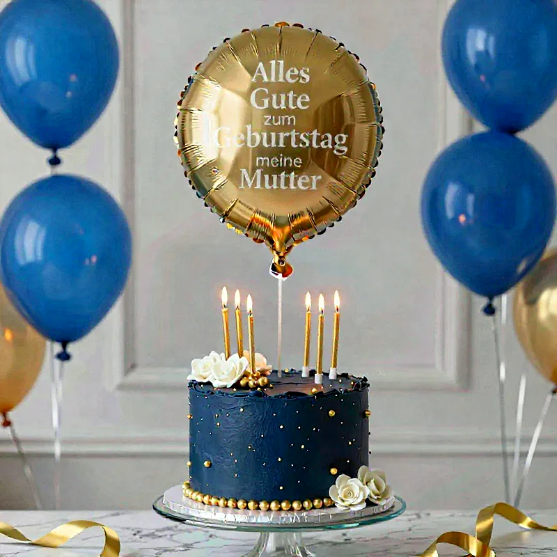 Alles Gute zum Geburtstag, liebe Mama! Festlicher Gruß mit eleganter Torte & Ballons