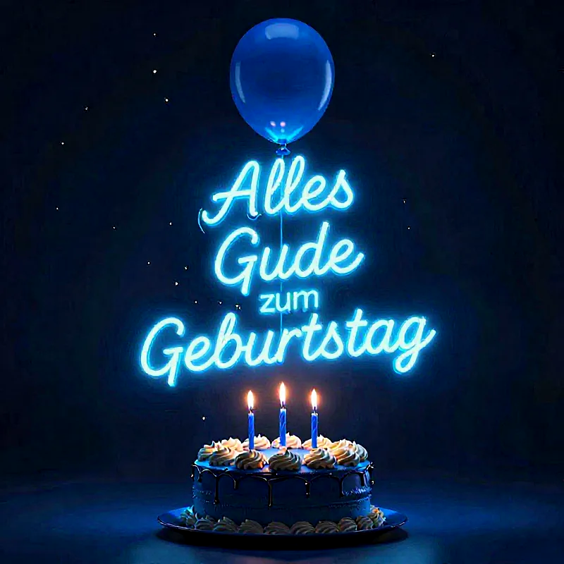 Eine strahlende blaue Geburtstagstorte mit drei brennenden Kerzen, dazu ein passender Luftballon. Der Spruch 'Alles Gute zum Geburtstag' leuchtet in Neonlicht und taucht die Szene in eine festliche, gemütliche Stimmung.