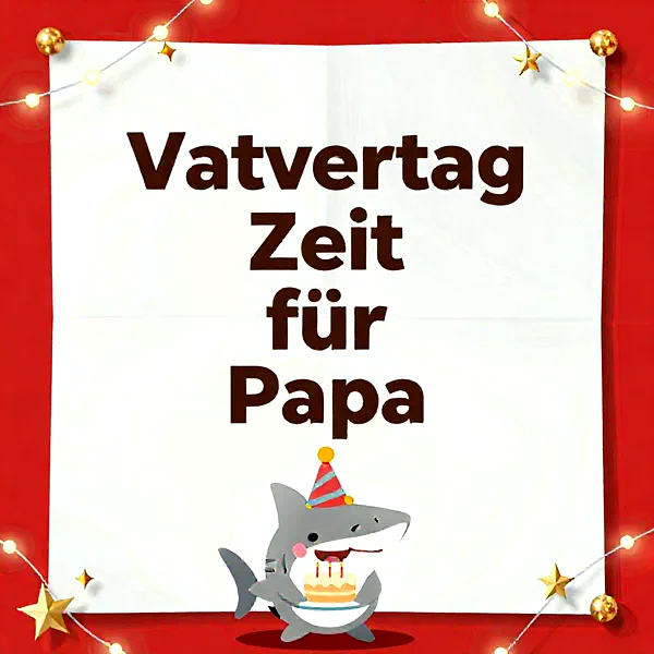 Ein niedlicher Cartoon-Hai mit Partyhut hält eine kleine Torte mit Kerzen. Das Motiv ist auf einem weißen Blatt, umrahmt von einer funkelnden Lichterkette und goldenen Sternen. Es übermittelt Vatertagsgrüße für Papa.
