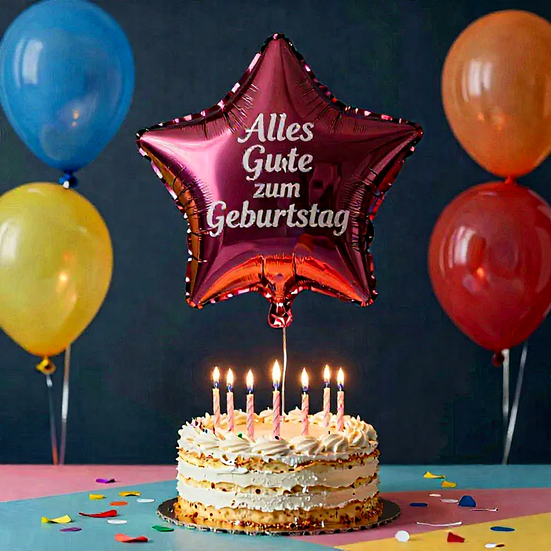 Eine festliche Geburtstagstorte mit sieben brennenden Kerzen, umgeben von bunten Luftballons. Ein roter Stern-Folienballon mit „Alles Gute zum Geburtstag“ schwebt darüber. Buntes Konfetti auf dem Tisch rundet die fröhliche Szene ab.