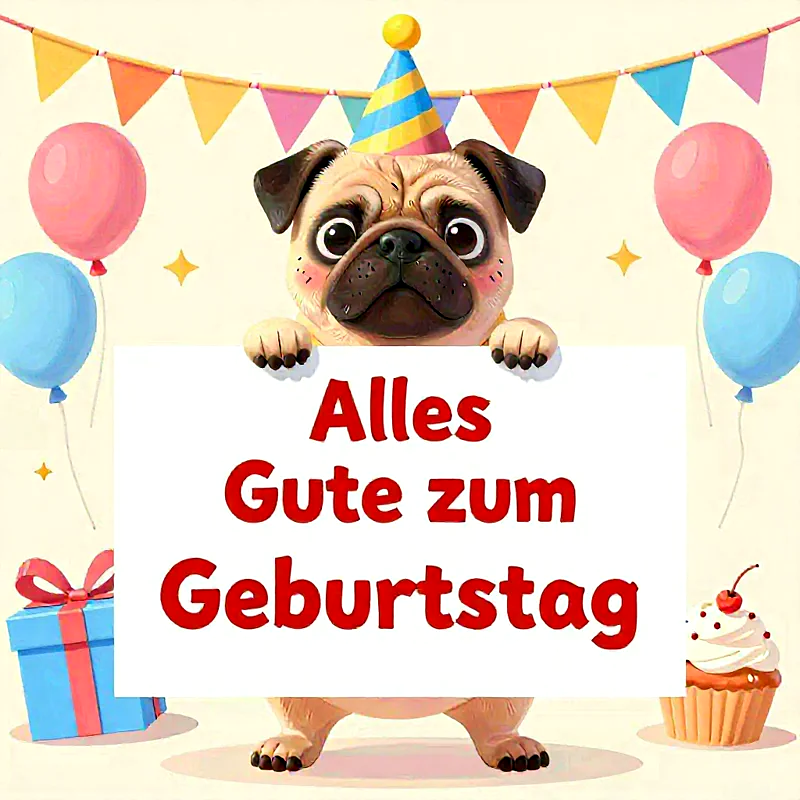 Ein kleiner Mops überbringt dir die allerliebsten Geburtstagsgrüße von Herzen
