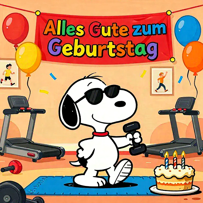 Ein sportlicher Geburtstagsgruß mit Snoopy für einen energiegeladenen Tag