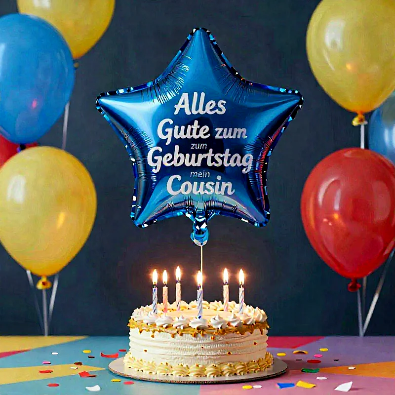 Süße farbenfrohe Geburtstagsszene mit blinkenden Kerzen auf einer Torte, einem leuchtend blauen Fomballon in Sternform mit der Aufschrift Alles Gute zum Geburtstag mein Cousin und bunten Luftballons im Hintergrund.