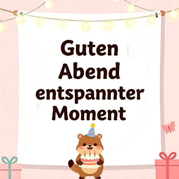 Niedliches, braunes Nagetier mit Partyhut hält eine Geburtstagstorte mit Kerzen vor einem weißen Banner. Im Hintergrund rosa Lichterketten und festliche Geschenke. Ein entspannter Abendgruß zum Teilen.
