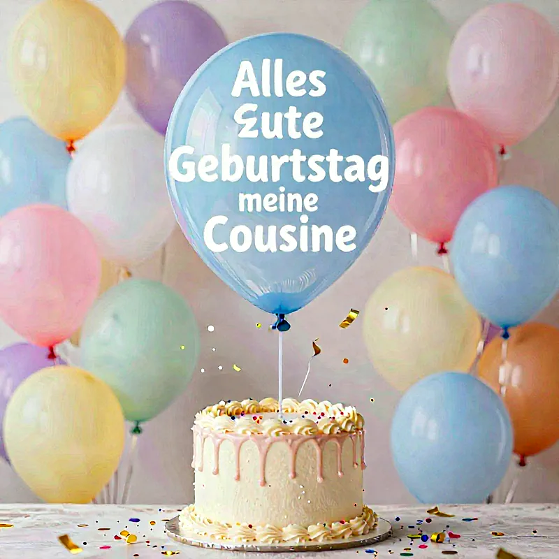 Festliches Geburtstagsbild mit einer zarten Torte und vielen bunten Pastelballons. Ein hellblauer Ballon trägt die liebevollen Wünsche für eine Cousine, um diesen besonderen Tag zu feiern und Freude zu teilen.